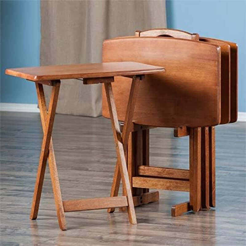 24" x 12" Oversized Solid Wood Snack Table Set with Storage Stand, Brown Finish, No Assembly Required (Set of 5)