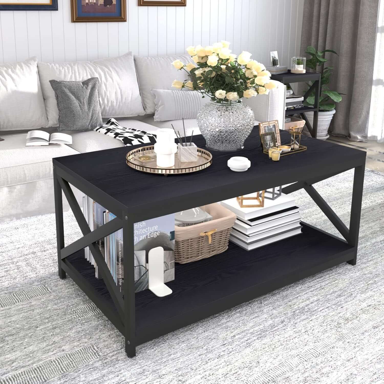 Industrial 3-Piece Coffee Table Set with X-Design, Large Storage, and 2 End Tables for Living Room, Black