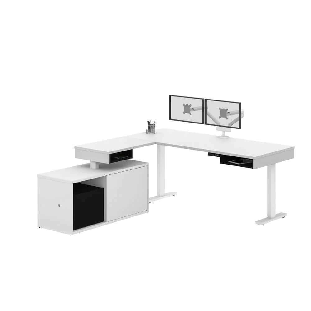 L-Shaped Adjustable Standing Desk with Credenza & Dual Monitor Arms