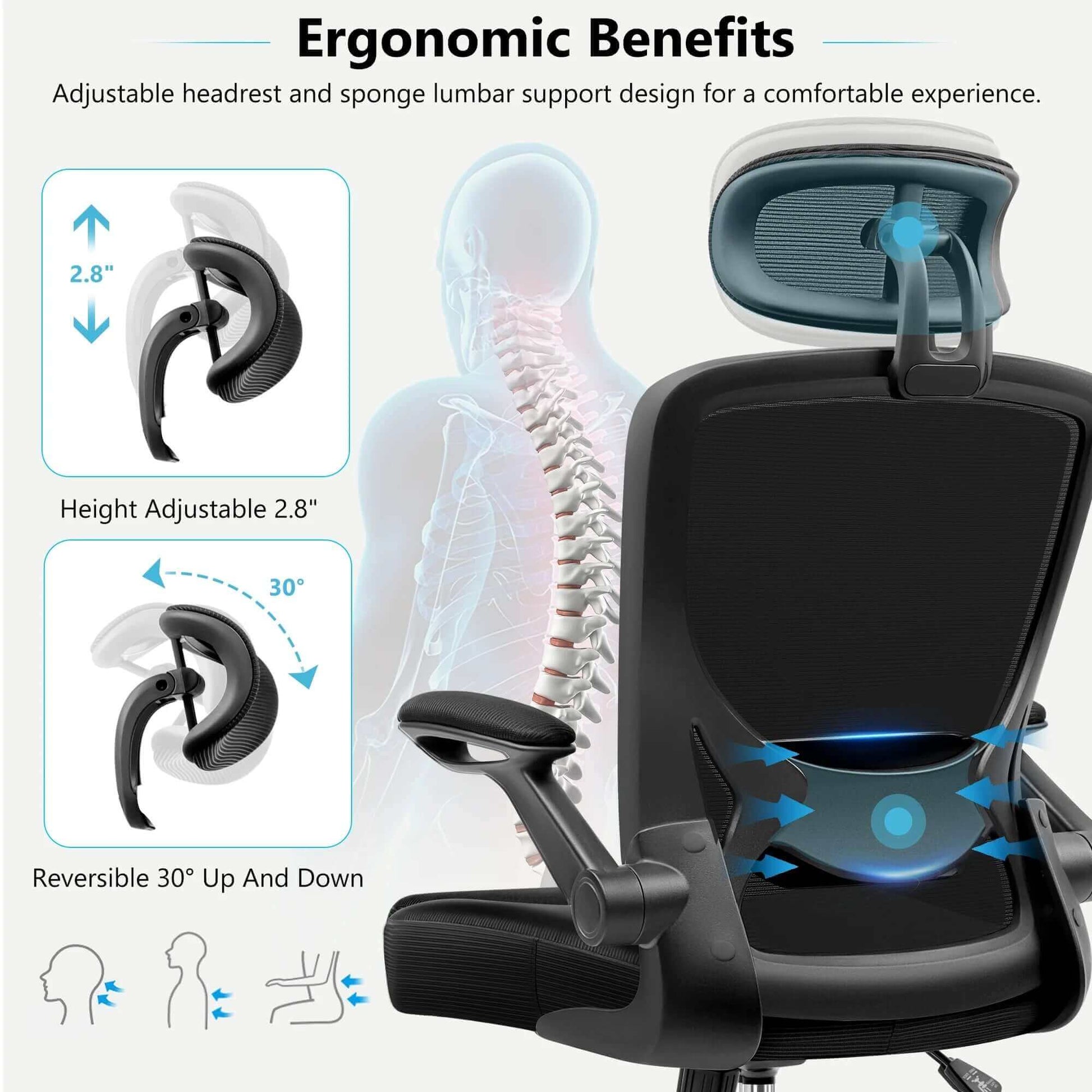 High Back Ergonomic Mesh Office Chair – Adjustable Lumbar Support, Headrest, Flip-Up Armrests