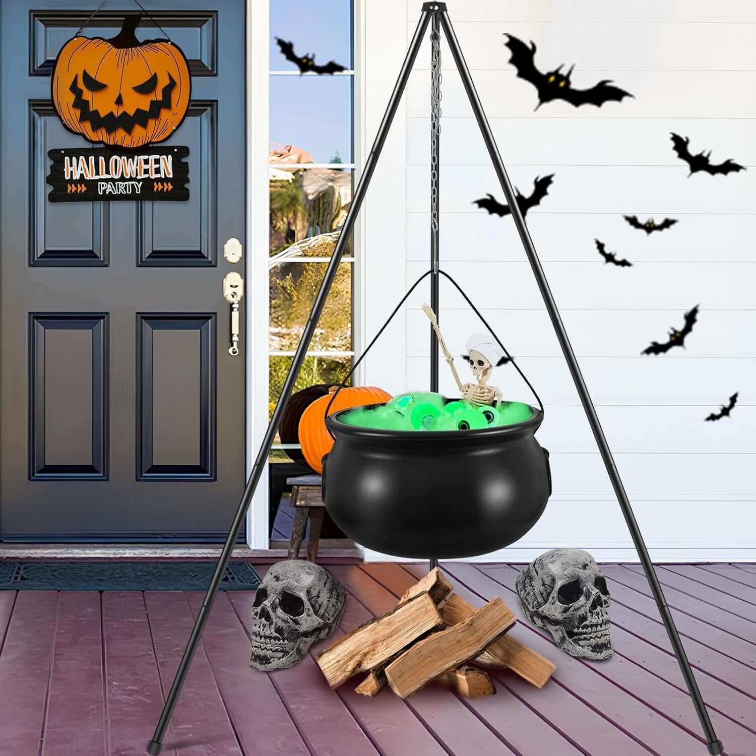 Spooky Witches Cauldron with String Lights - Large Halloween Yard Decoration, Includes Skeleton & Eyeballs, Perfect for Patio, Garden & Lawn