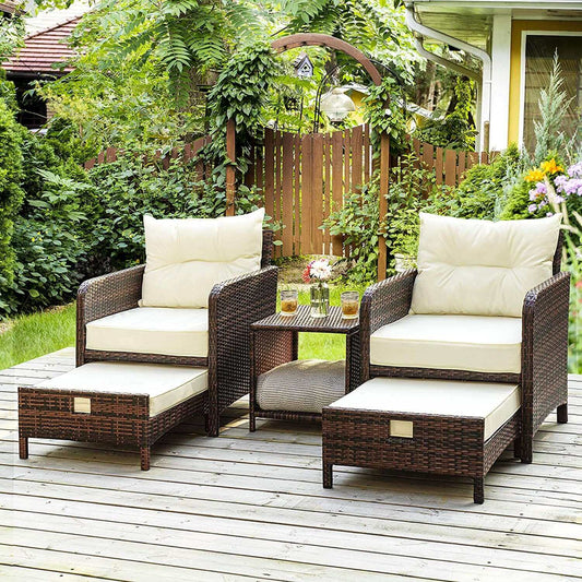 5-Piece Wicker Patio Furniture Set with Ottomans and Coffee Table