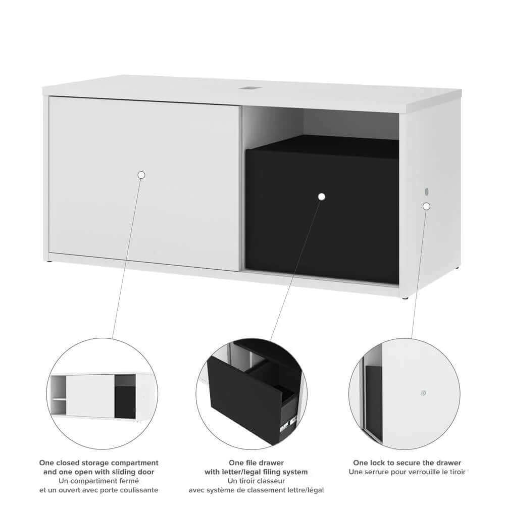 L-Shaped Adjustable Standing Desk with Credenza & Dual Monitor Arms