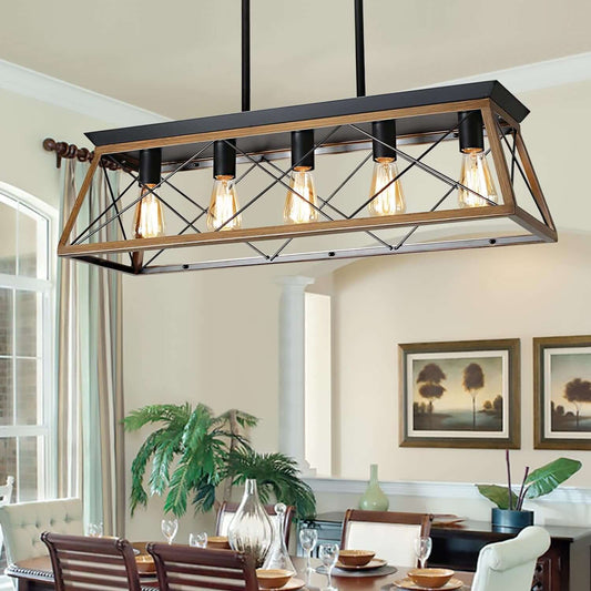 Rustic Farmhouse 5-Light Chandelier for Dining Room & Kitchen Island - Linear Pendant Lighting with Metal Frame