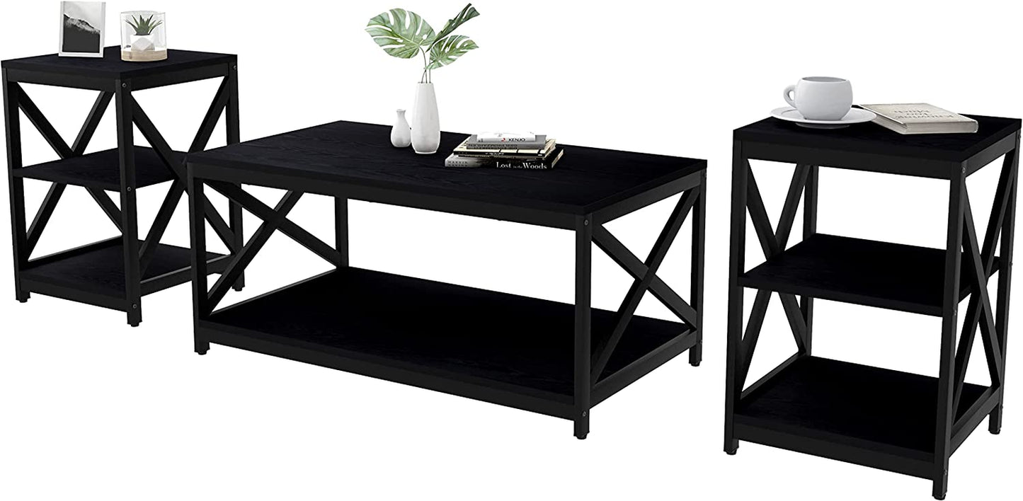 Industrial 3-Piece Coffee Table Set with X-Design, Large Storage, and 2 End Tables for Living Room, Black