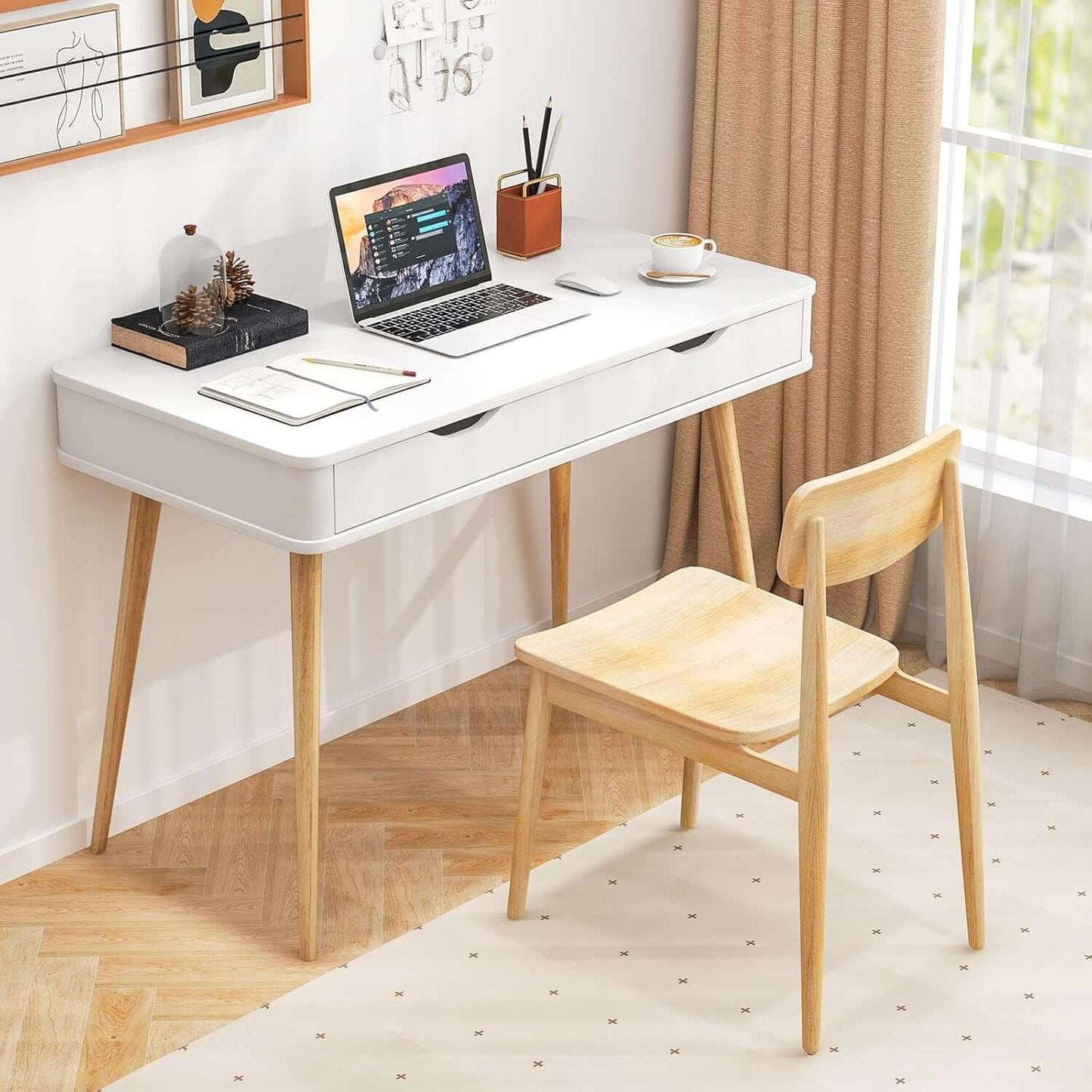 Mid-Century Modern Desk with 2 Storage Drawers – Sleek Writing & Study Desk with Rubber Wood Legs