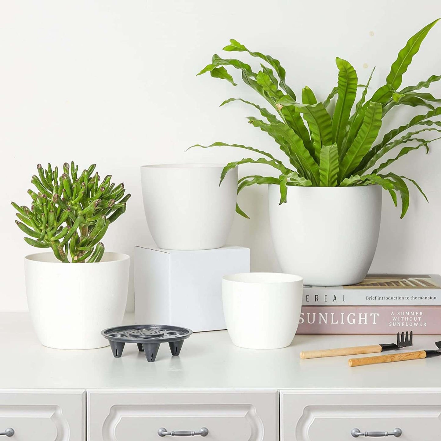 Self-watering planters set of 6, modern decorative pots for houseplants, flowers, herbs, and succulents on a white table