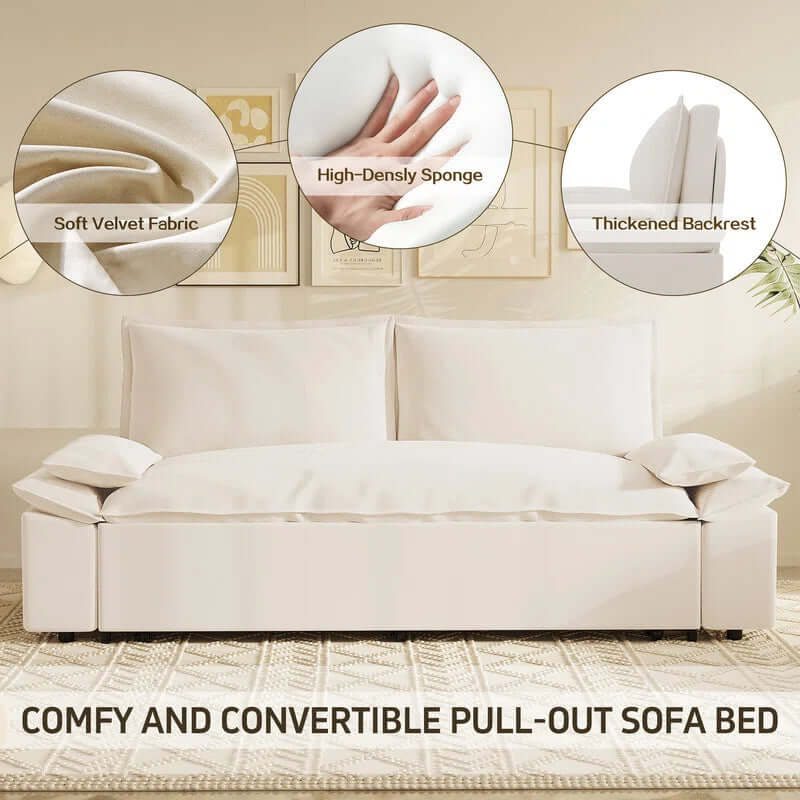 Queen Size Velvet Pull-Out Sofa Bed with 2 Soft Pillows