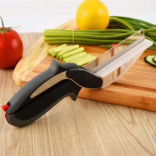 2-in-1 stainless steel barbecue shears and kitchen scissors cutting vegetables on wooden board