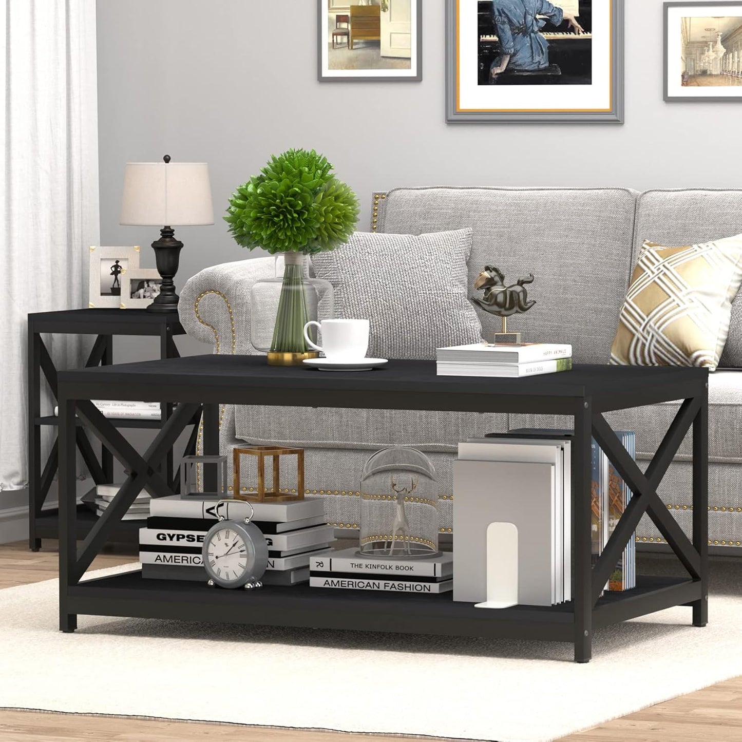 Industrial 3-Piece Coffee Table Set with X-Design, Large Storage, and 2 End Tables for Living Room, Black