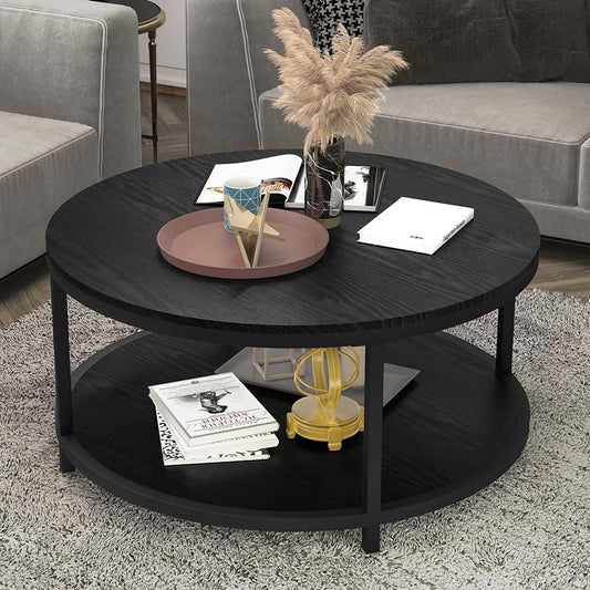 Rustic Round Coffee Table with Storage Shelf