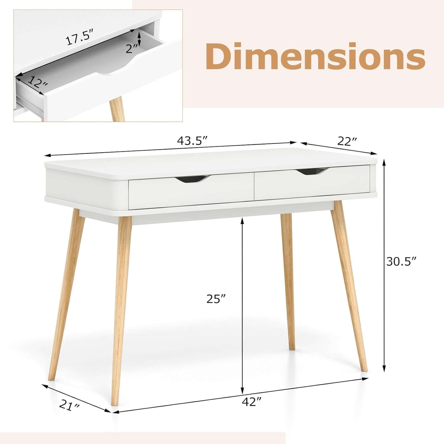 Mid-Century Modern Desk with 2 Storage Drawers – Sleek Writing & Study Desk with Rubber Wood Legs