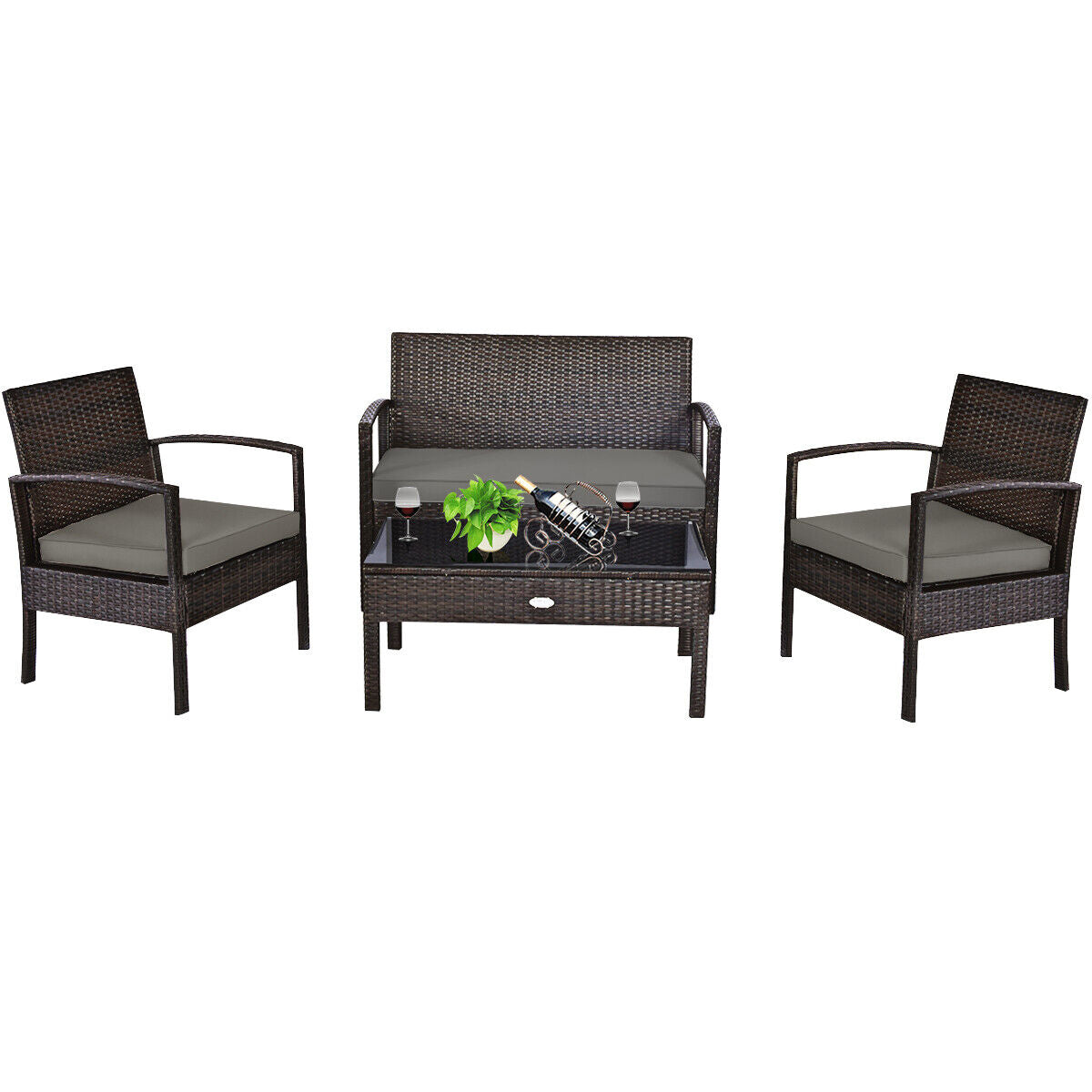 4-Piece Outdoor Patio Rattan Furniture Set - Cushioned Sofa and Coffee Table for Deck