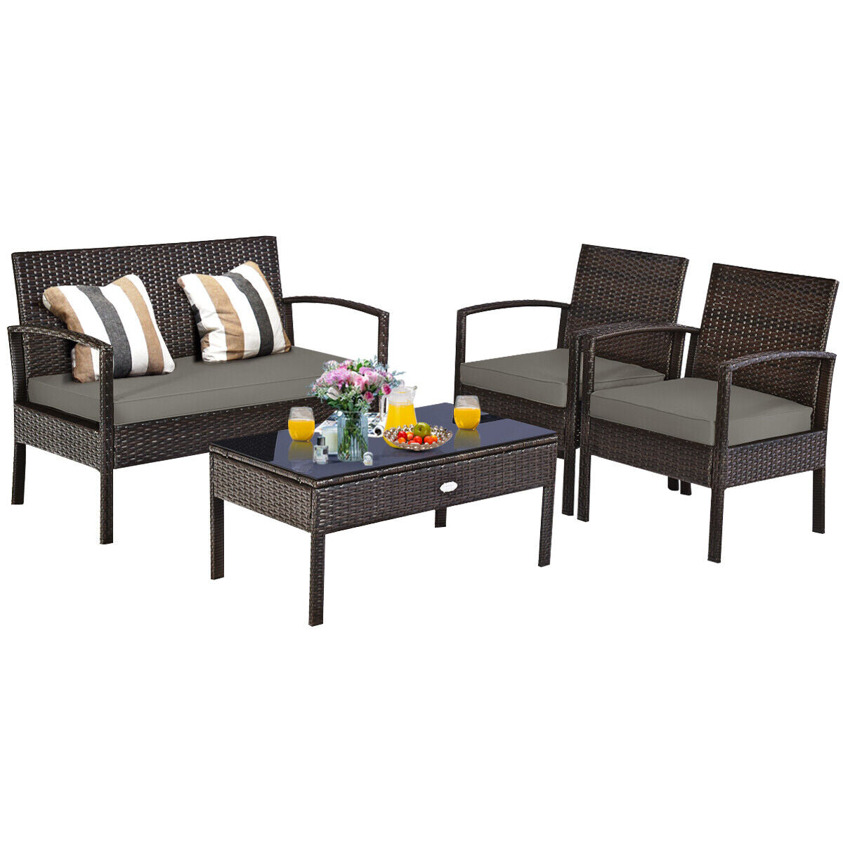 4-Piece Outdoor Patio Rattan Furniture Set - Cushioned Sofa and Coffee Table for Deck