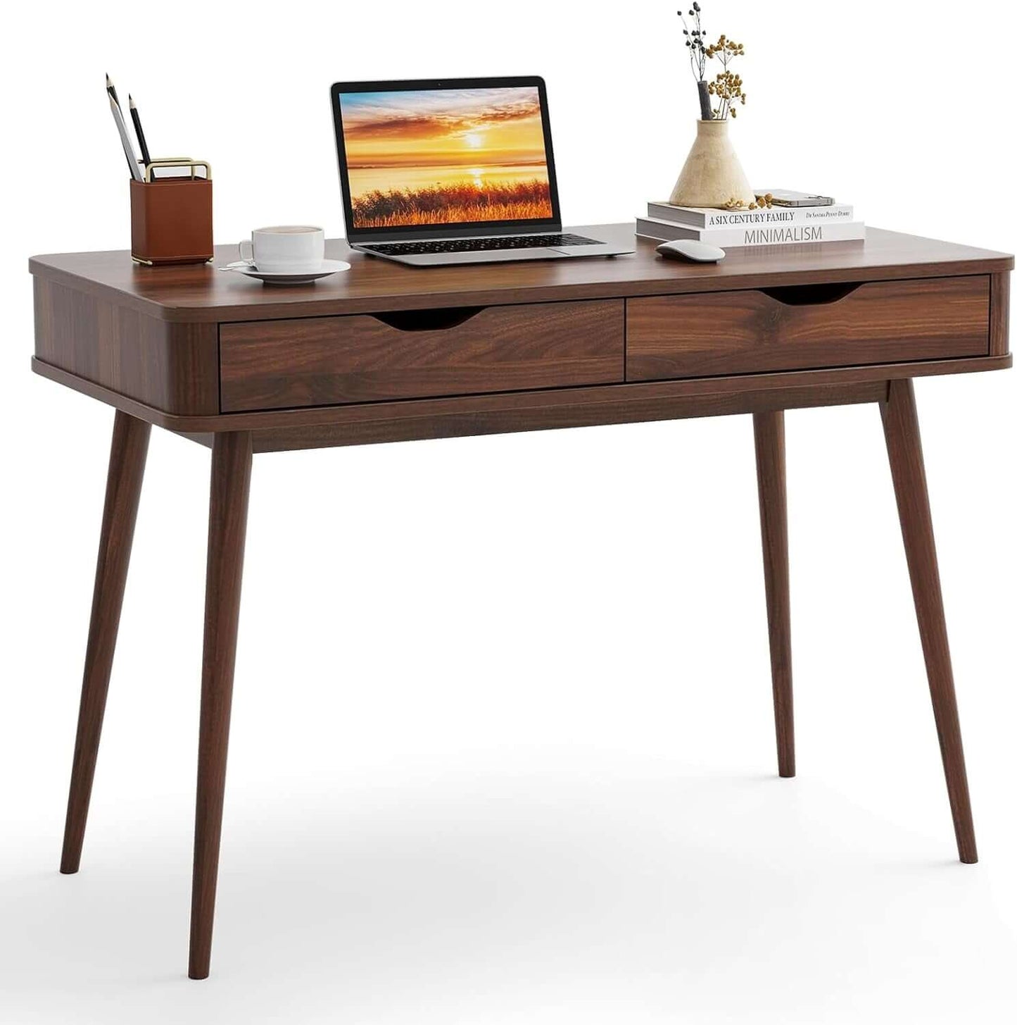 Mid-Century Modern Desk with 2 Storage Drawers – Sleek Writing & Study Desk with Rubber Wood Legs