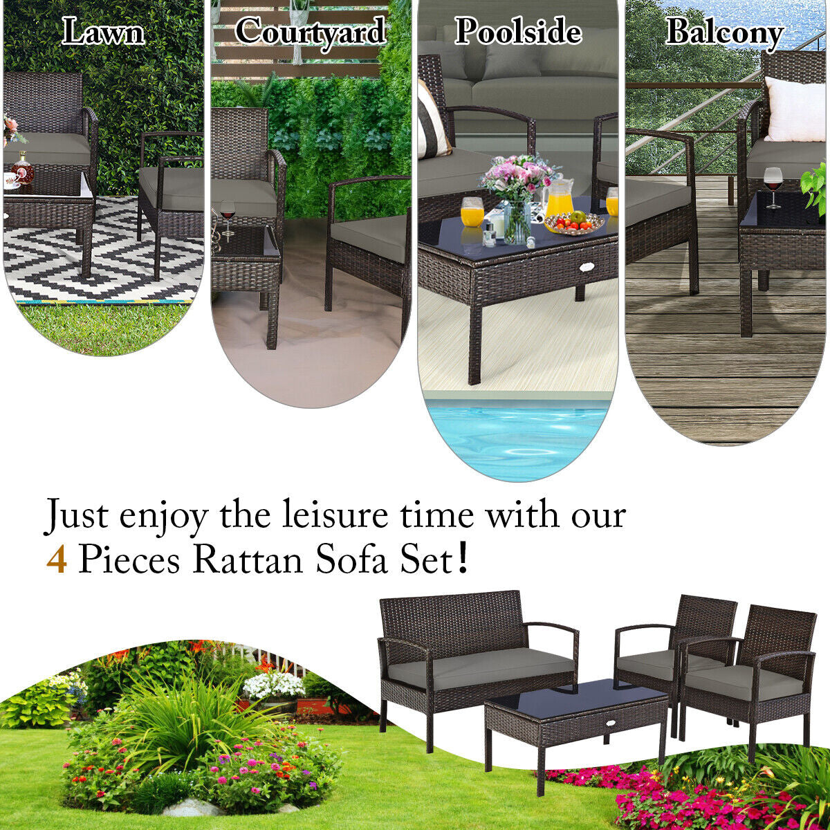 4-Piece Outdoor Patio Rattan Furniture Set - Cushioned Sofa and Coffee Table for Deck