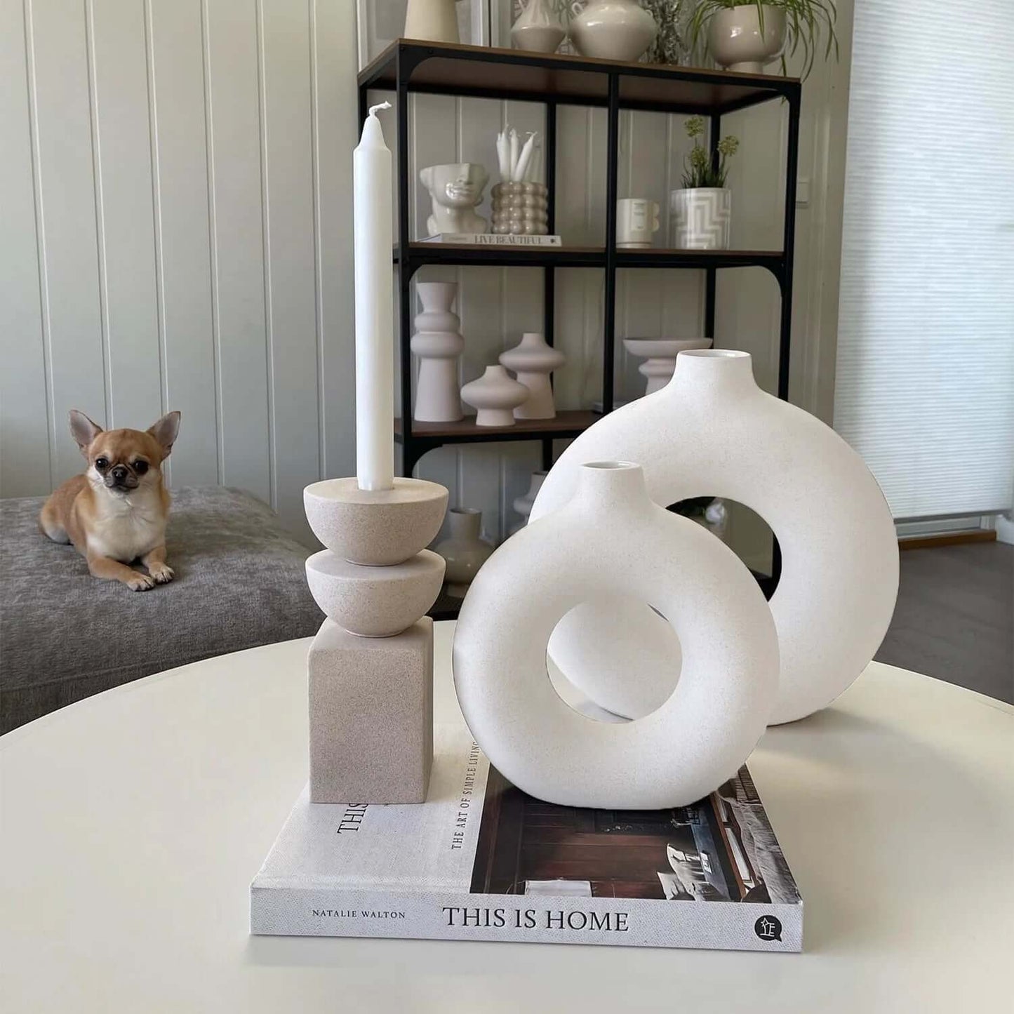 White Ceramic Donut Vases – Modern Farmhouse & Boho Décor for Bookshelves, Mantels, Tables & Fireplaces