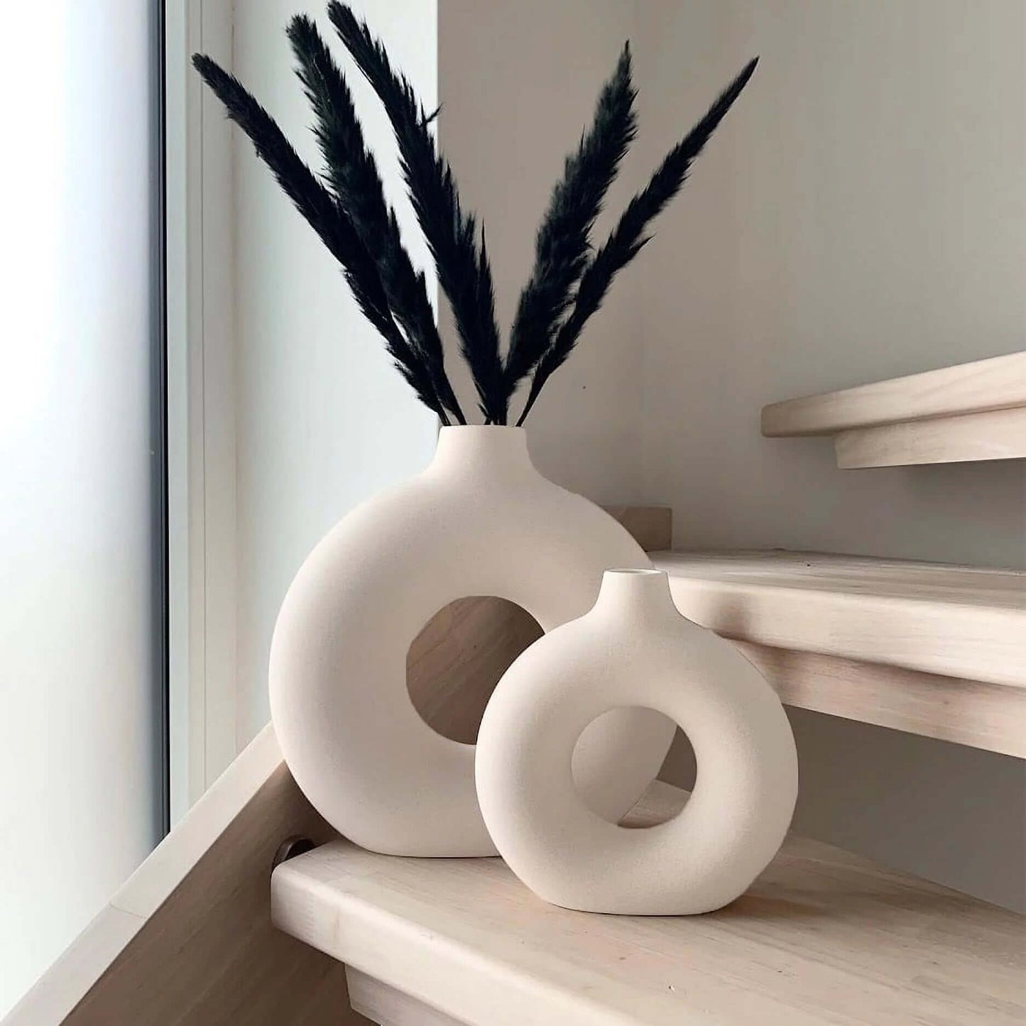 White Ceramic Donut Vases – Modern Farmhouse & Boho Décor for Bookshelves, Mantels, Tables & Fireplaces