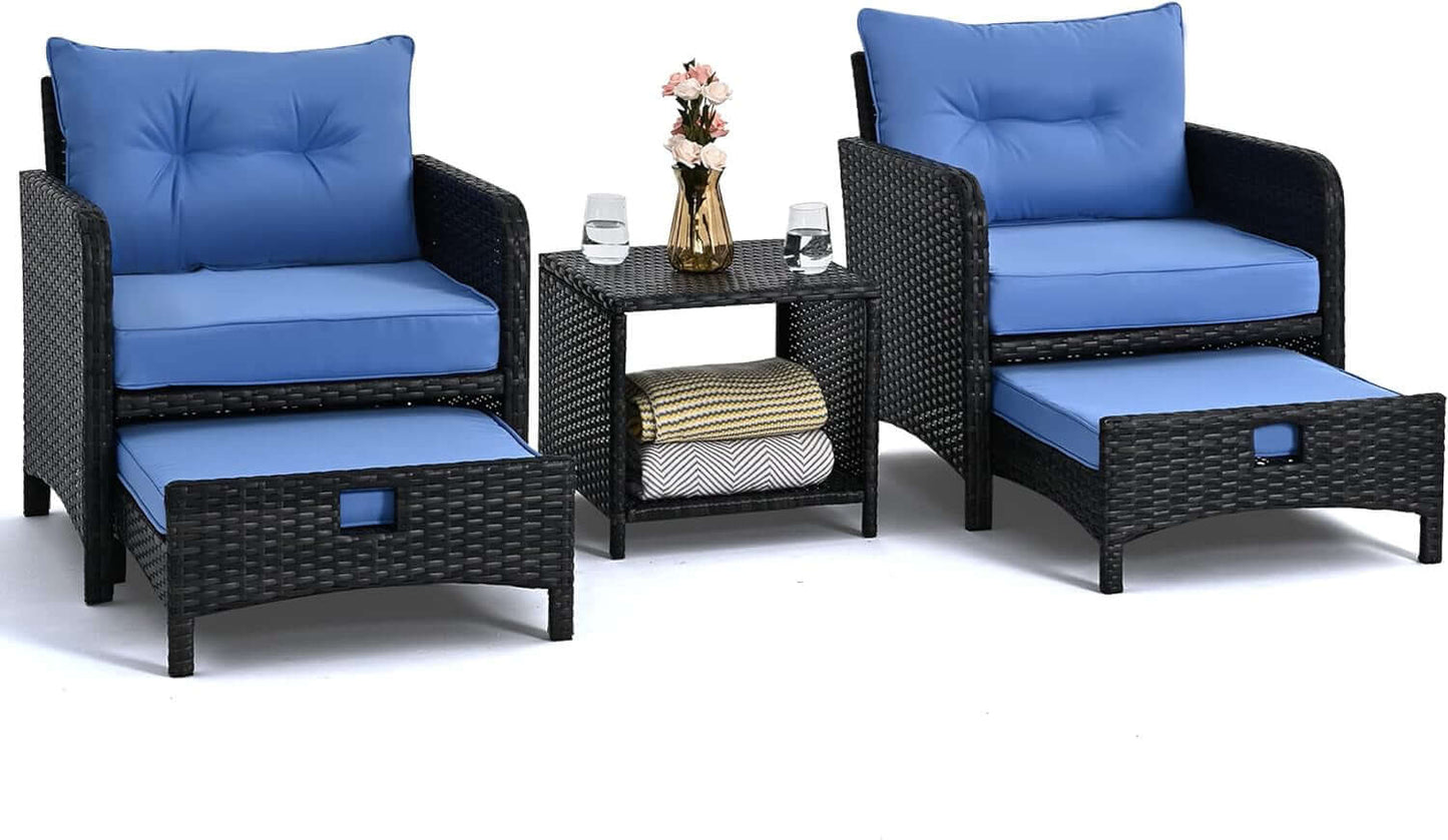 5-Piece Wicker Patio Furniture Set with Ottomans and Coffee Table