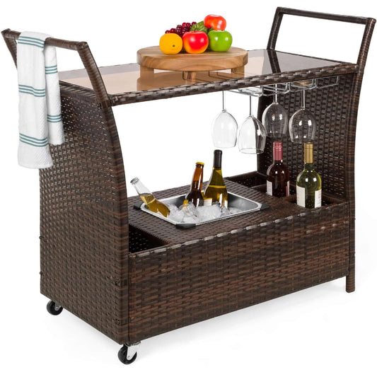 Brown Wicker Outdoor Bar Cart with Ice Bucket & Glass Holders – Rolling & Storage