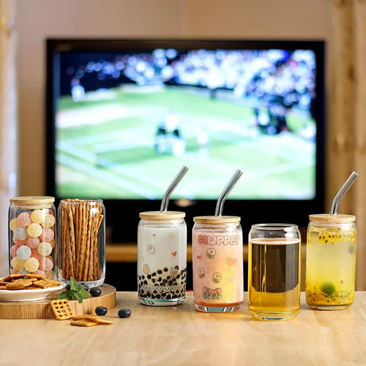 12-Piece Set: Beer Can Shaped Glass Cups with Bamboo Lids and Glass Straws - Includes 4 Cleaning Brushes