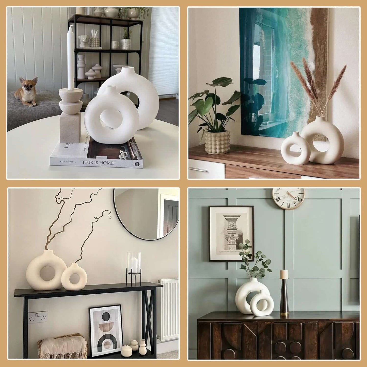 White Ceramic Donut Vases – Modern Farmhouse & Boho Décor for Bookshelves, Mantels, Tables & Fireplaces