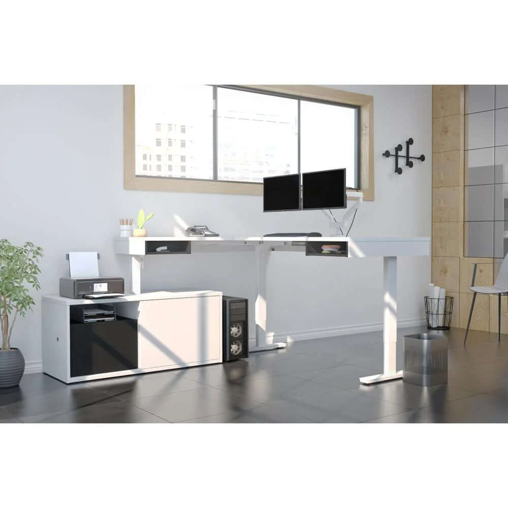 L-Shaped Adjustable Standing Desk with Credenza & Dual Monitor Arms