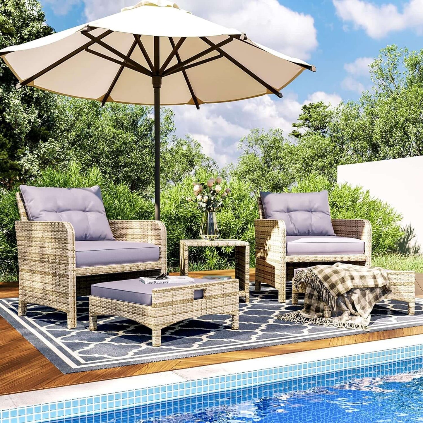 5-Piece Wicker Patio Furniture Set with Ottomans and Coffee Table