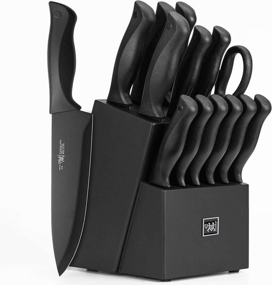 15-piece self-sharpening kitchen knife set with black block and anti-slip handles, designed to be dishwasher safe.