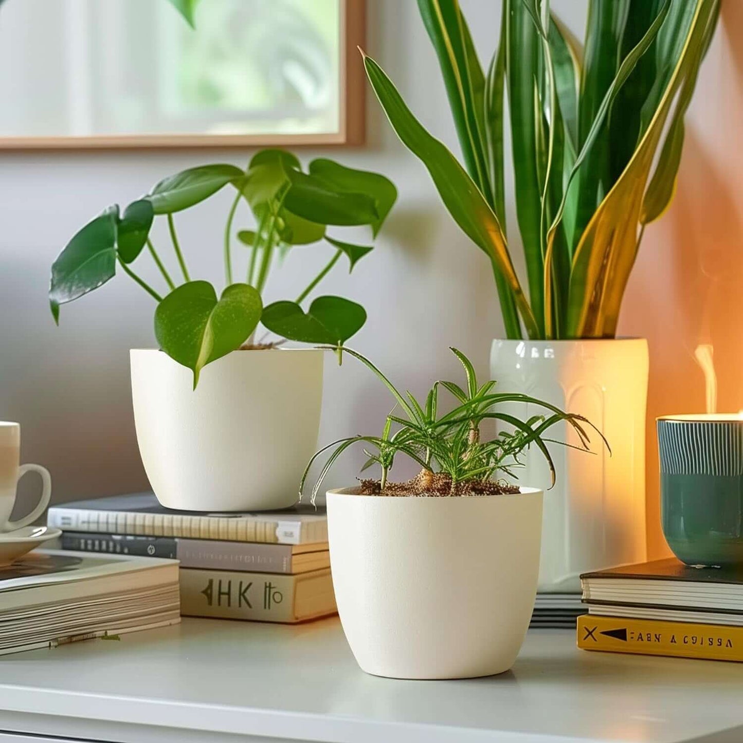 Modern self-watering planters set of 6 with houseplants on desk