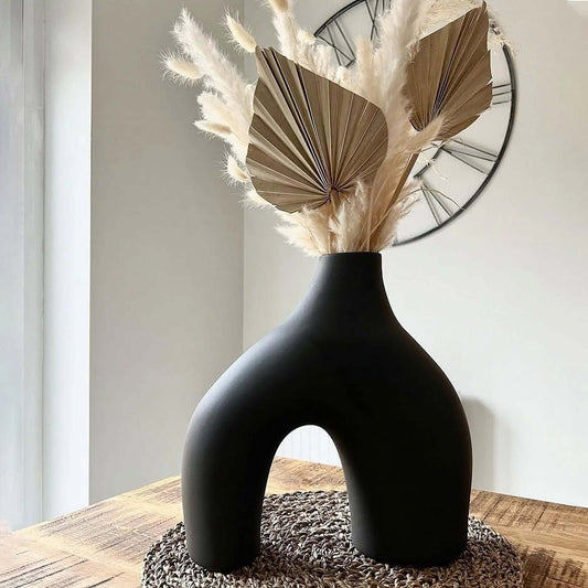 Geometric Ceramic Donut Vase – Modern Farmhouse & Boho Décor for Living Room, Bookshelf, Mantel, & Fireplace