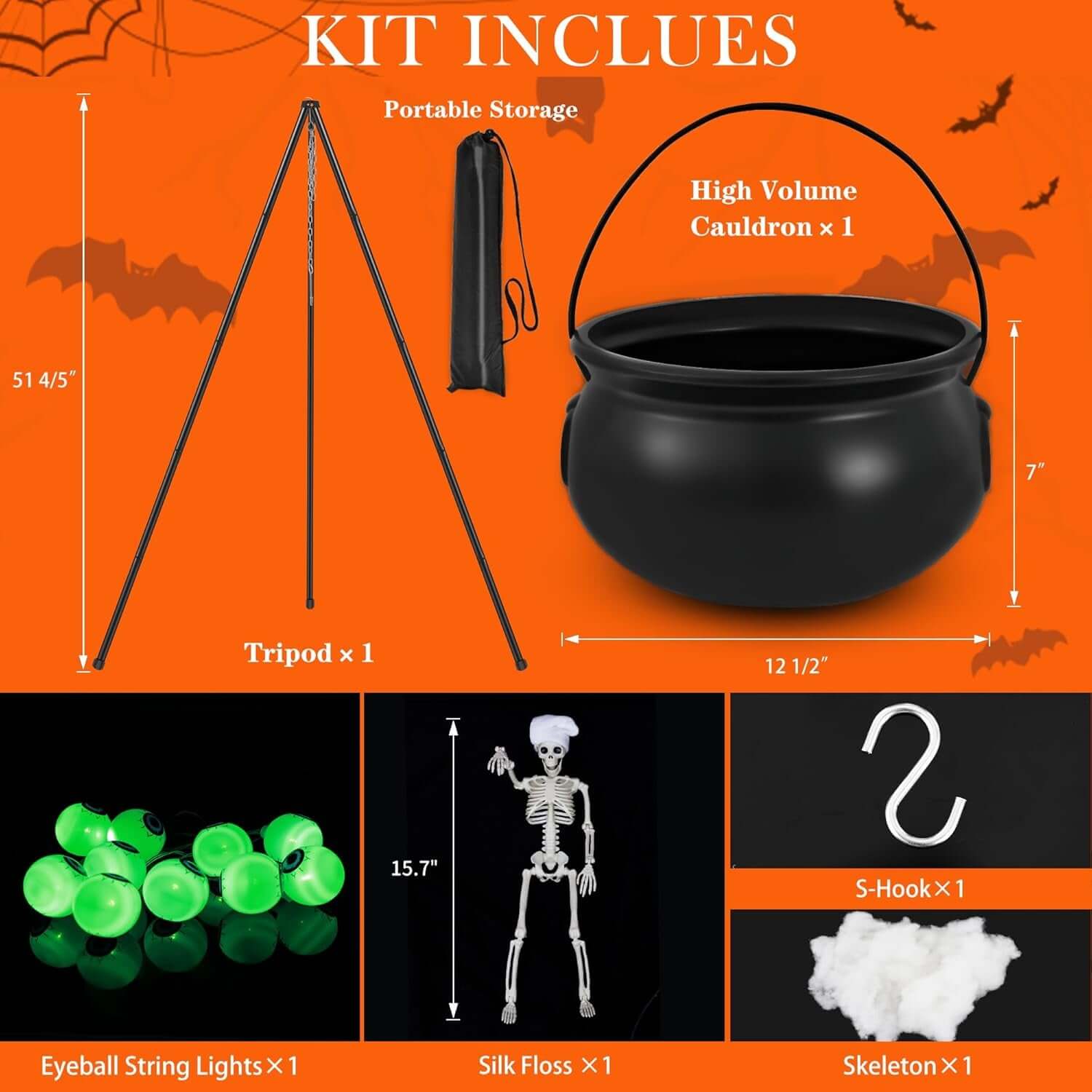 Spooky Witches Cauldron with String Lights - Large Halloween Yard Decoration, Includes Skeleton & Eyeballs, Perfect for Patio, Garden & Lawn