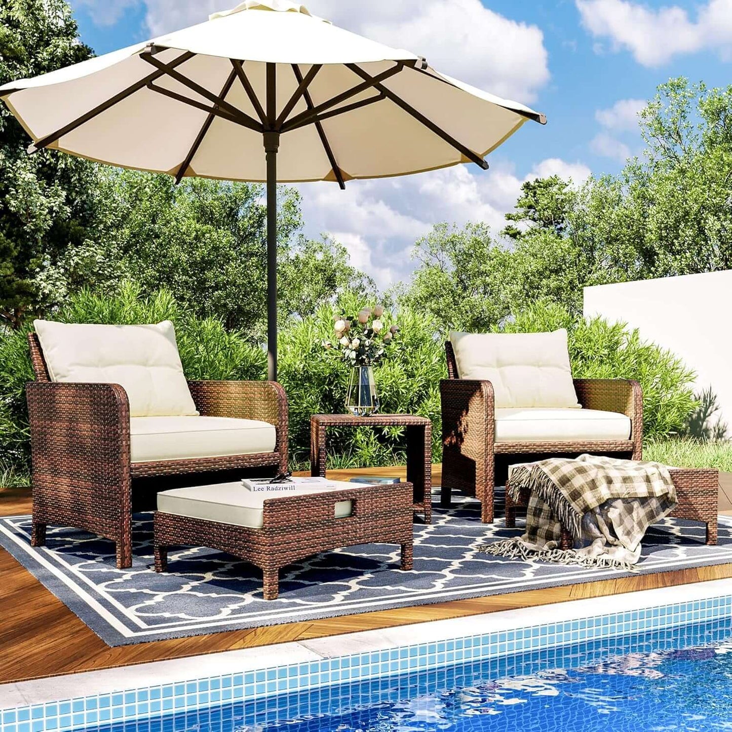 5-Piece Wicker Patio Furniture Set with Ottomans and Coffee Table