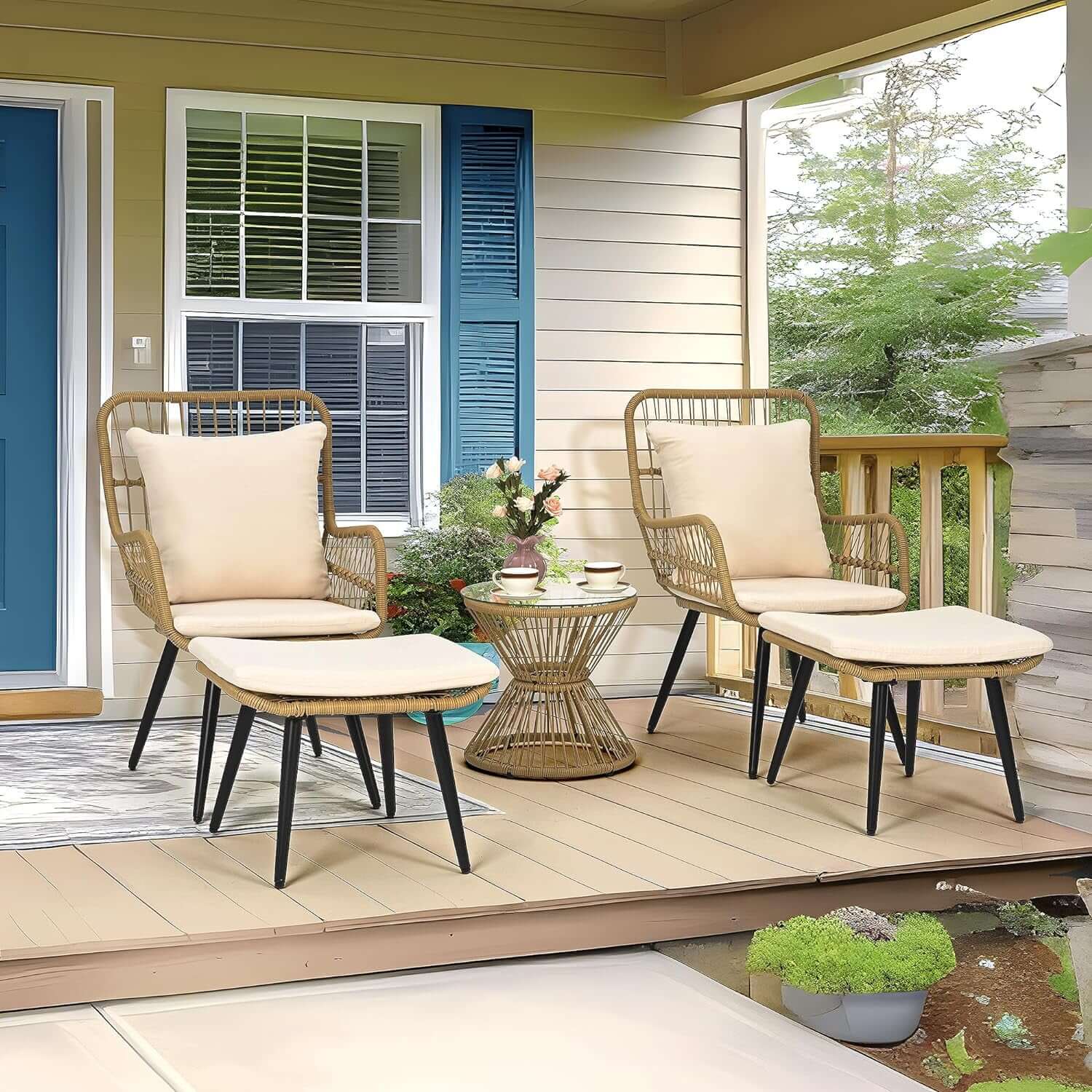 5-Piece Wicker Patio Furniture Set with Ottomans and Coffee Table