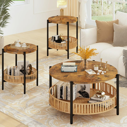 Boho Rattan Coffee Table Set - 3 Pieces, 2-Tier Round End Tables with Metal Frame for Living Room, Bedroom, Office