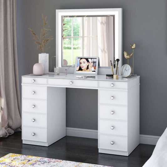 Double Pedestal Vanity Table with LED Lighted Mirror