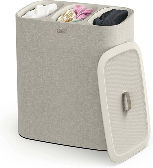 Trio 23.7-Gallon Laundry Hamper with Lid and 3 Removable Washing Bags for effortless fabric separation and organized laundry routine.