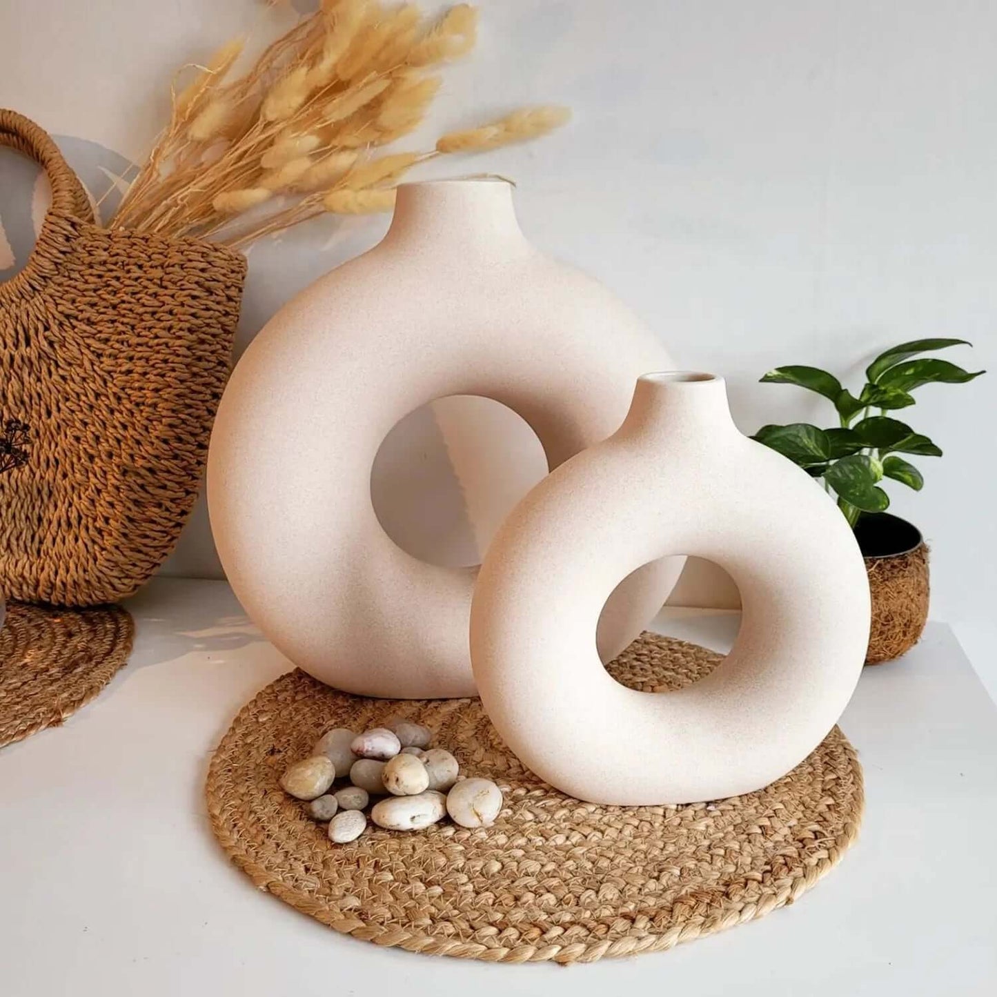 White Ceramic Donut Vases – Modern Farmhouse & Boho Décor for Bookshelves, Mantels, Tables & Fireplaces