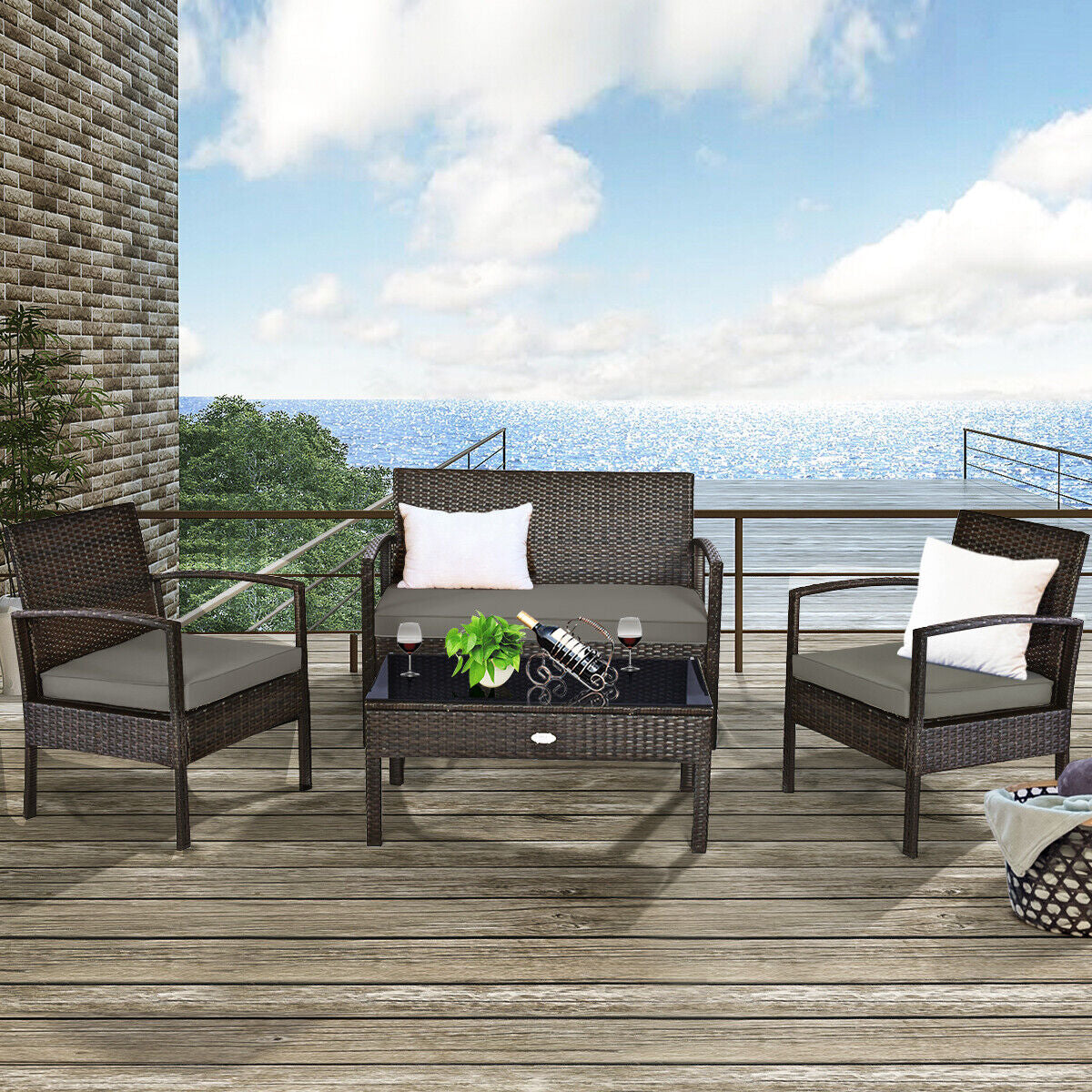 4-Piece Outdoor Patio Rattan Furniture Set - Cushioned Sofa and Coffee Table for Deck