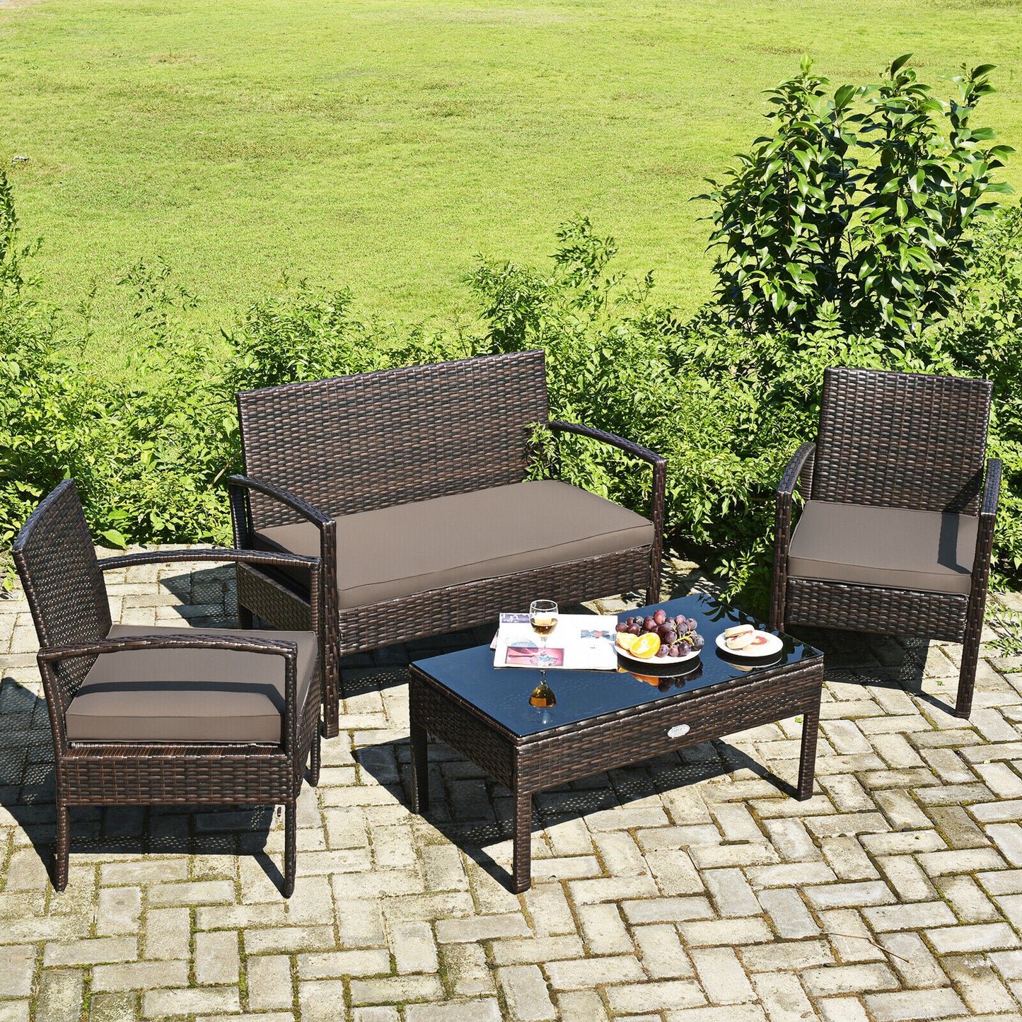 4-Piece Outdoor Patio Rattan Furniture Set - Cushioned Sofa and Coffee Table for Deck