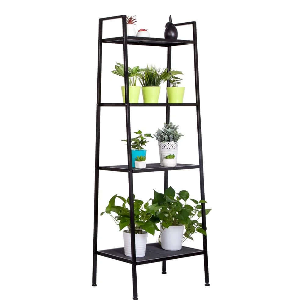 4-Tier Black Metal Leaning Ladder Shelf – Stylish Storage Bookcase