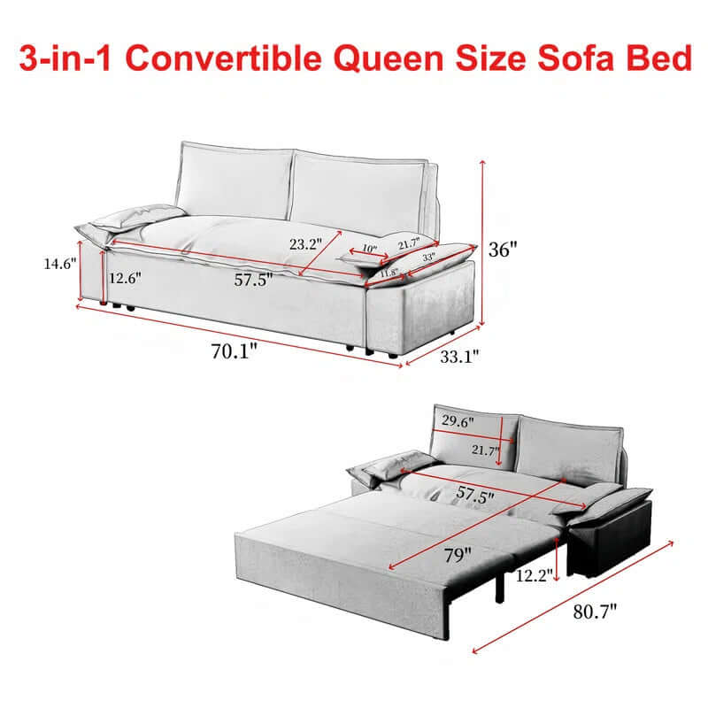 Queen Size Velvet Pull-Out Sofa Bed with 2 Soft Pillows