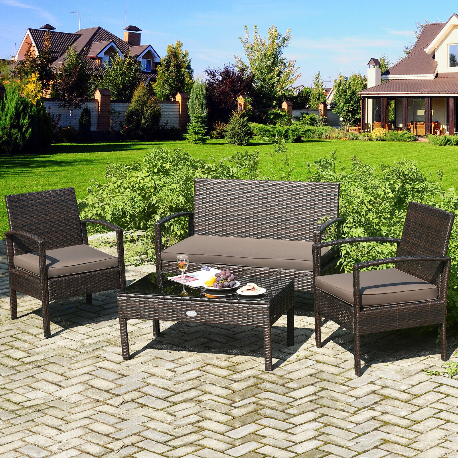 4-Piece Outdoor Patio Rattan Furniture Set - Cushioned Sofa and Coffee Table for Deck