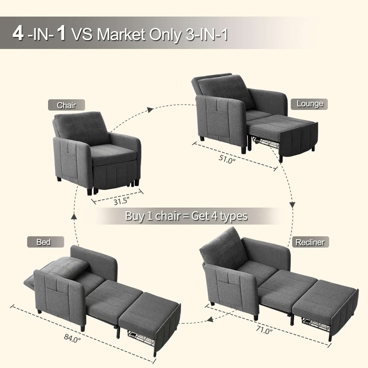 84" Extra Long Convertible Sleeper Chair - 3-In-1 to 4-In-1 Pull Out Chair & Single Sofa Bed for Adults