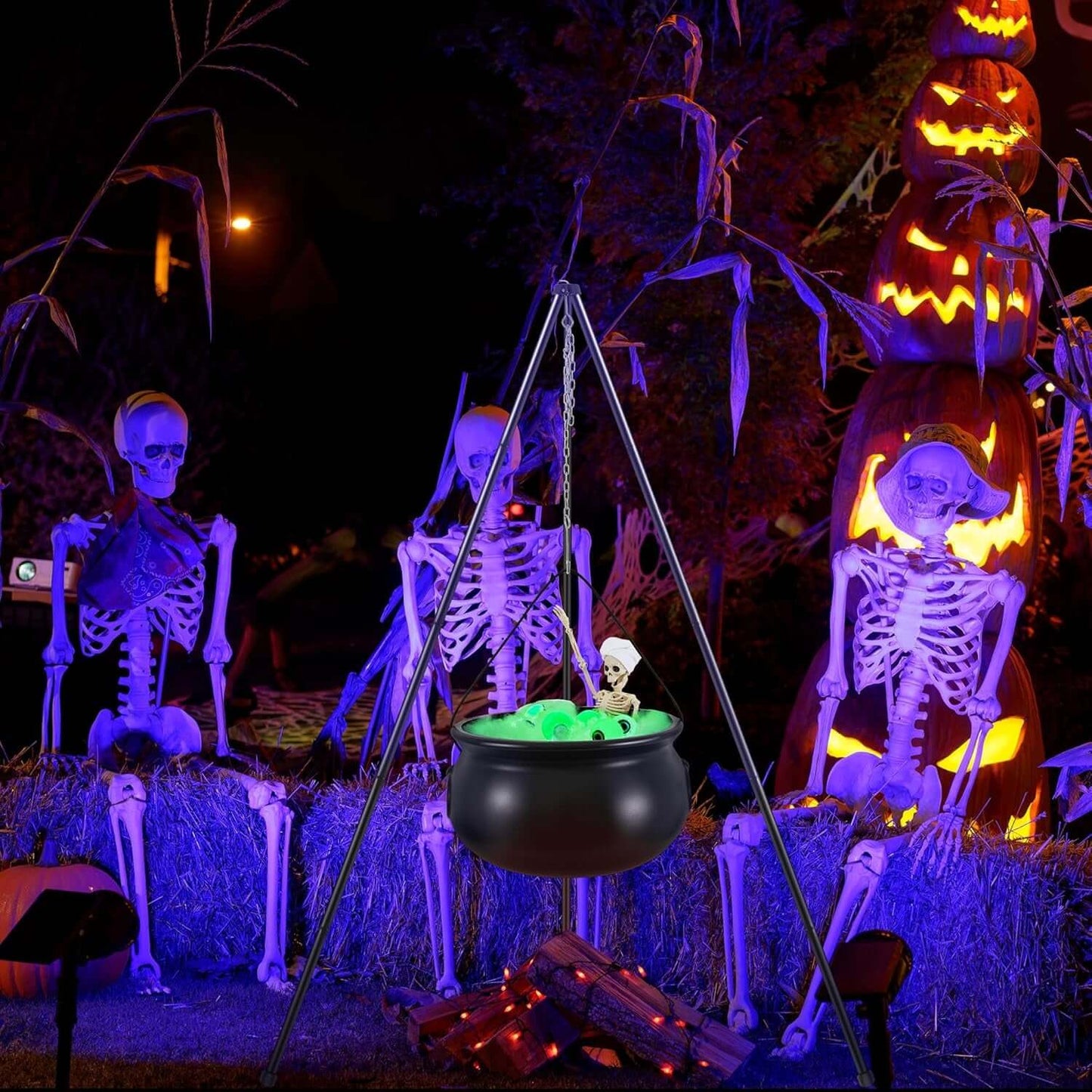 Spooky Witches Cauldron with String Lights - Large Halloween Yard Decoration, Includes Skeleton & Eyeballs, Perfect for Patio, Garden & Lawn