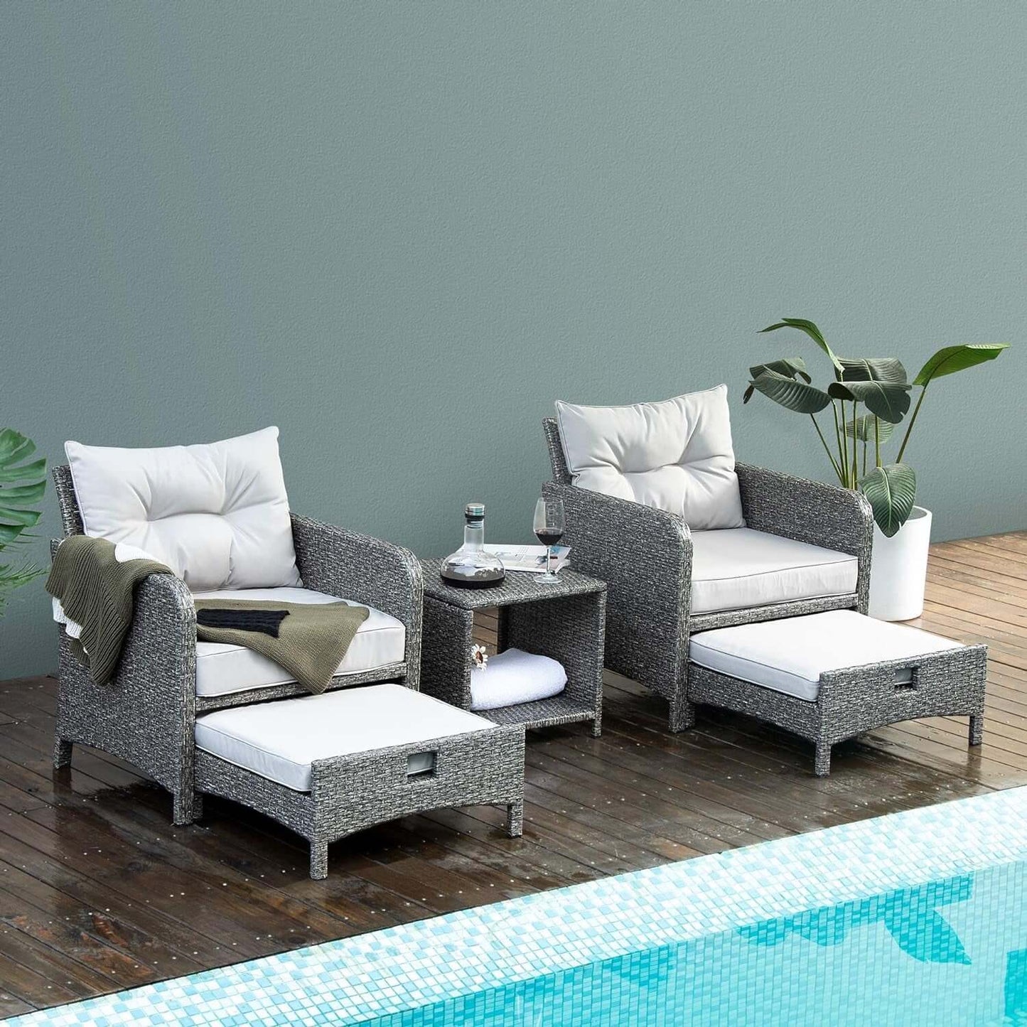 5-Piece Wicker Patio Furniture Set with Ottomans and Coffee Table