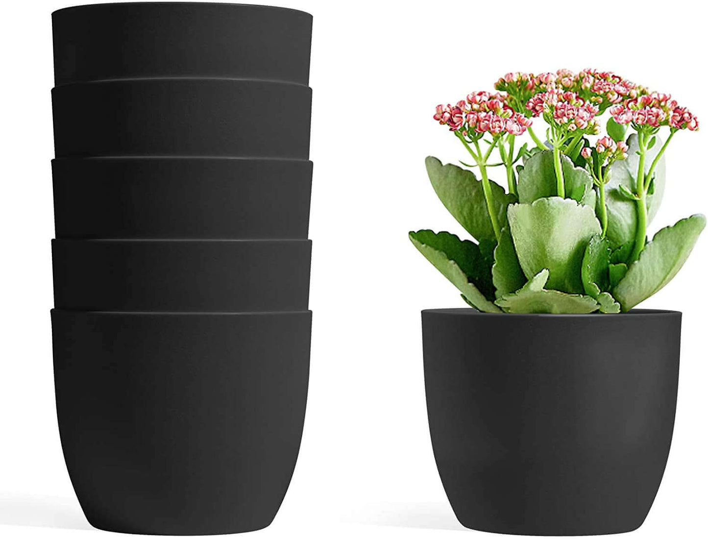 Self-watering black planters with blooming flower, modern decorative pots for houseplants, flowers, herbs, succulents - set of 6