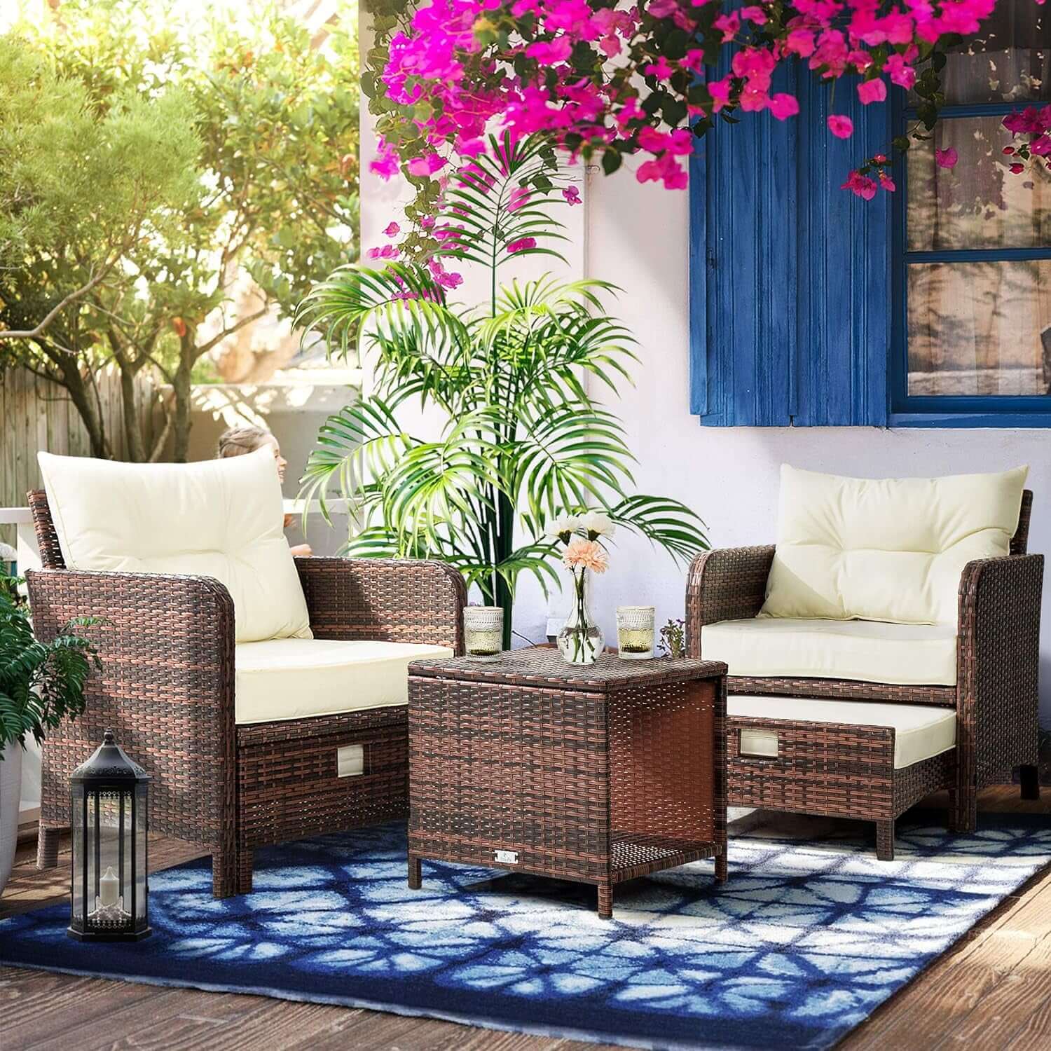 5-Piece Wicker Patio Furniture Set with Ottomans and Coffee Table