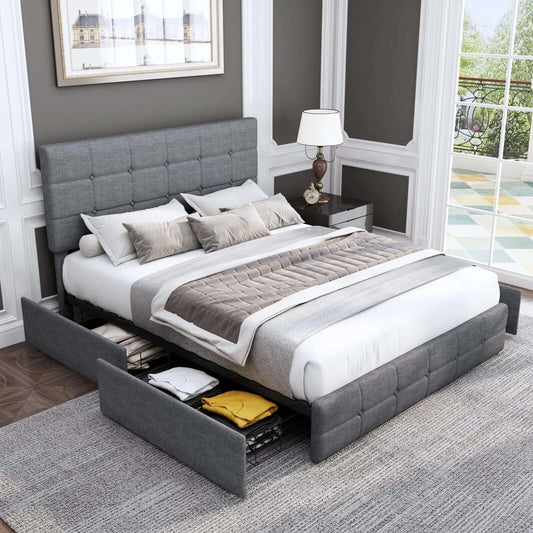 Queen Size Upholstered Bed Frame with Storage Drawers - Square Tufted Platform Bed with Adjustable Headboard, Light Grey