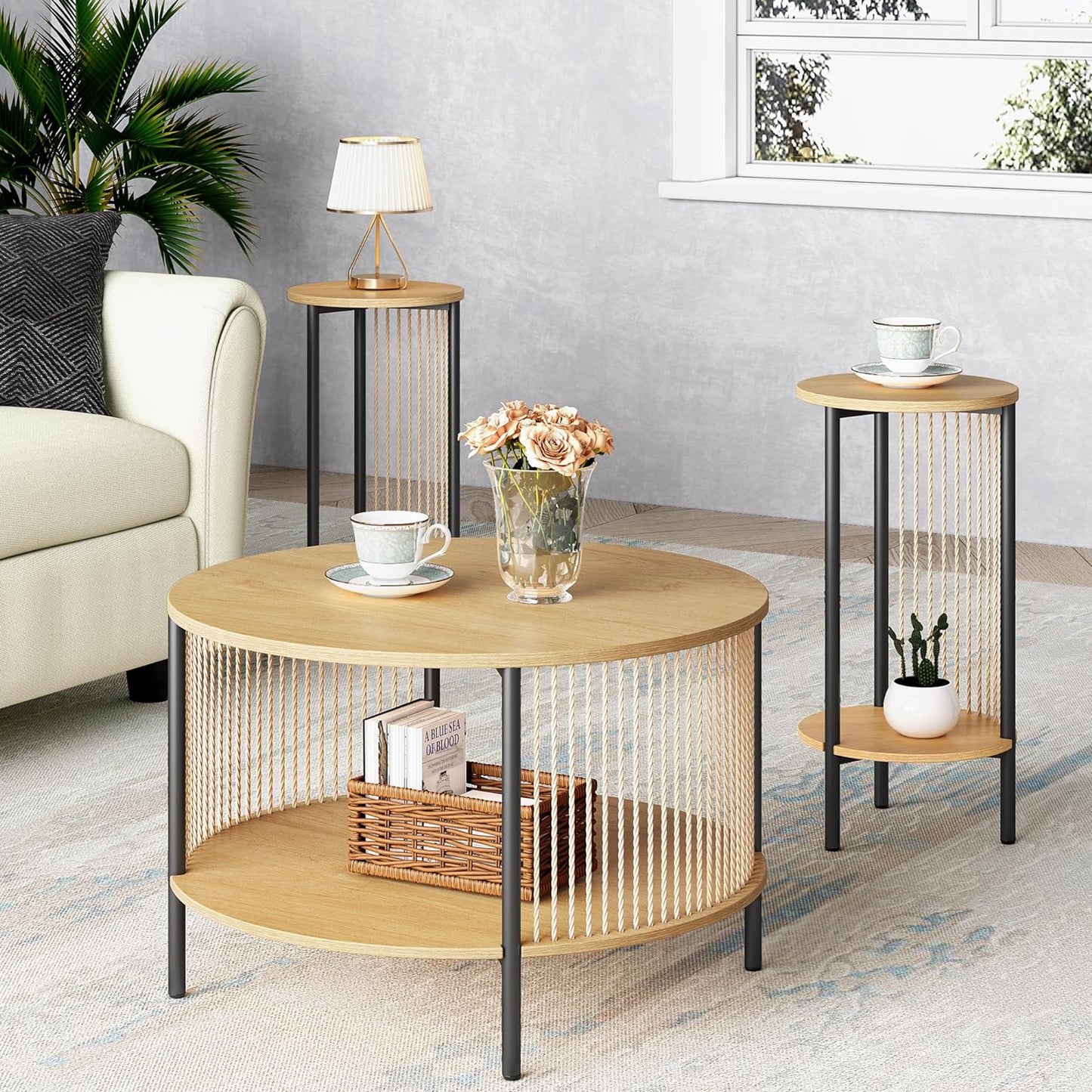 Natural Fiber Rope Coffee Table Set of 3 - Round Wooden Rattan Coffee Table and Two End Tables with Metal Frame, Boho 2-Tier Modern Design for Living Room, Apartment, Office (Natural)